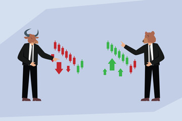 Illustration of a bull and a bear personified as business figures