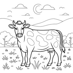 ‎A black and white cow illustration line art of a coloring page