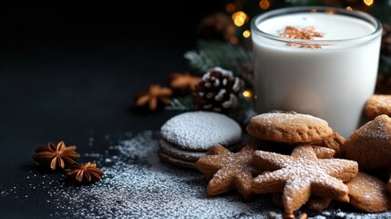 Warm Christmas eggnog with gingerbread cookies and festive decorations.