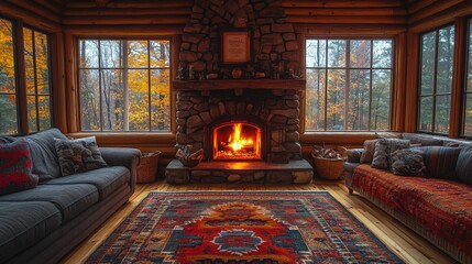 Cozy log cabin living room with a stone fireplace during the autumn season