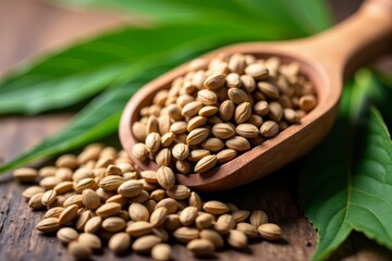 Naklejka premium Close-up of hemp seeds in scoop with green leaf background, superfood, healthy, natural