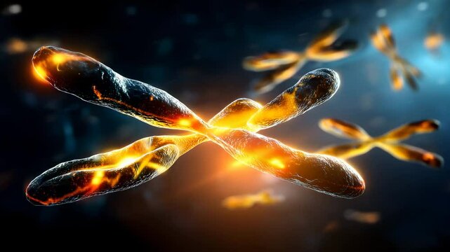 Pair of chromosomes surrounded by a school of fish swimming gracefully in clear water
