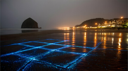 with geometric rock formations and bioluminescent sand
