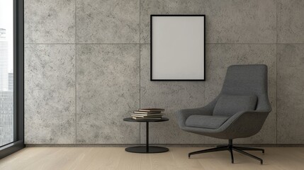 Contemporary Minimalist Living Space with Gray Accent Chair and Blank Frame