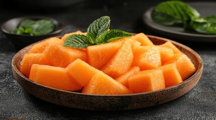 Delicious Cantaloupe Melon Cubes with Mint Garnish