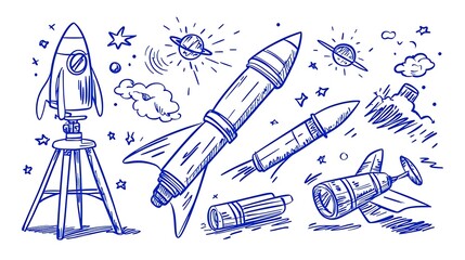 Blue Ink Sketch of Rockets, Telescopes and Space Elements