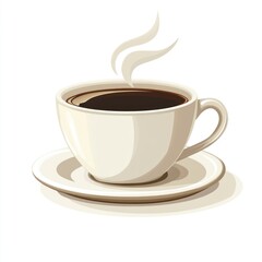 Obraz premium Hot coffee cup steaming on saucer, white background, breakfast scene