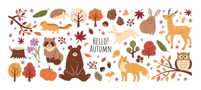 秋のかわいい動物のイラストのセット