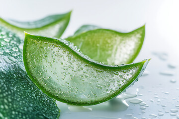 Close-up of fresh aloe vera slices with water droplets