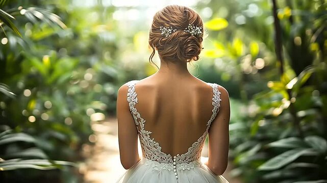 Bride in lush garden, elegant back view