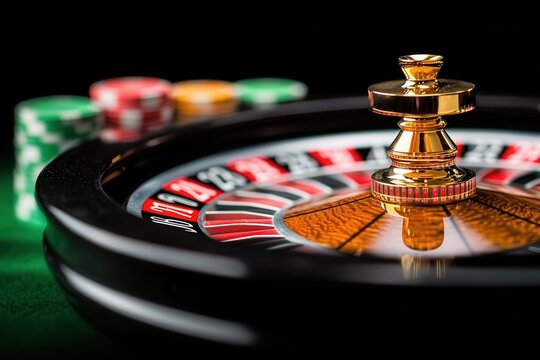 Close-Up View of Casino Roulette Wheel with Colorful Chips