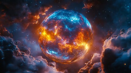 Fiery, icy orb glows amidst cosmic clouds