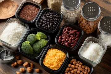 Meal Prepping: Variety of Healthy Food Options in Glass Containers and Jars on Wooden Surface for Dietary Planning