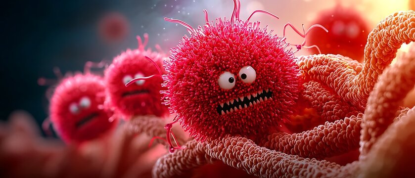 Microscopic world featuring anthropomorphic microbes with menacing expressions on a textured surface