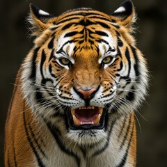 Naklejka premium Tiger Close Up Showing Teeth and Striking Pattern on Fur