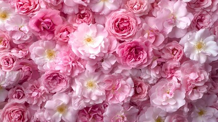Decorative web banner. Close up of blooming pink roses flowers and petals isolated on white table background. Floral frame composition. Empty space, flat lay, top view