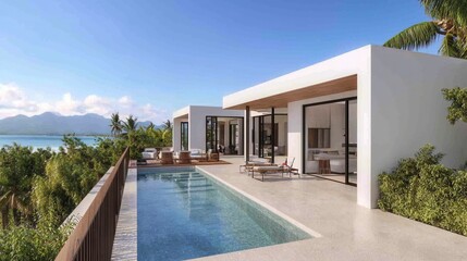Modern villa with infinity pool and tropical landscape view