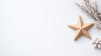 Fototapeta premium A wooden star and dried floral arrangement on a white surface.