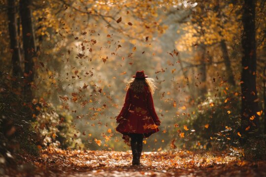 Woman in red coat and hat walks on woodland path while autumn leaves fall, creating a seasonal ambiance