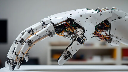 A robotic hand with a flexible, articulated design, delicately holding a tiny mechanical part