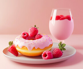 Pink glazed donut, fresh strawberries, and a pink drink with whipped cream, a vibrant and sweet dessert indulgence.
