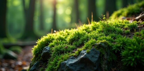 Obraz premium Close-up of moss-covered rock surface in forest, environment, earthy