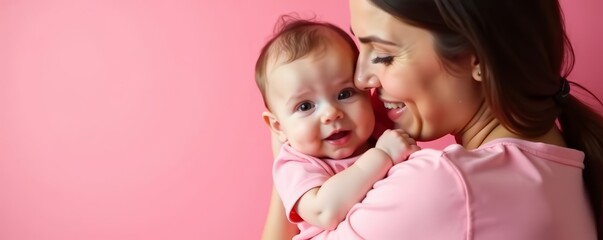 Close up of mother cuddling cute baby in pink background, bonding, mother