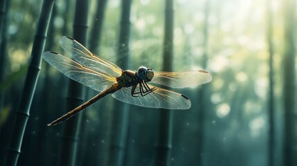 Flying dragonfly in bamboo forest with sunlight shining through trees, a beautiful scene