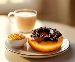 Donut, cereal, and milk on a plate, representing a simple and sweet breakfast or morning snack.