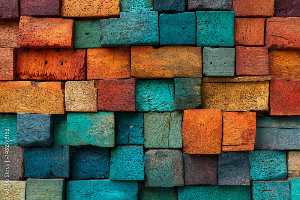 Poster Close-up of multicolored wooden blocks, creating a textured surface with varied hues of orange, teal, and brown, showcasing a rustic and artistic design ideal for background use