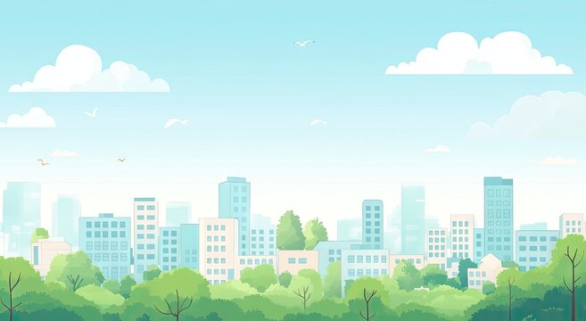 A serene cityscape with lush greenery and a bright sky.
