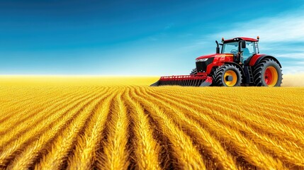 Obraz premium Red tractor harvesting golden wheat field under a vibrant blue sky. A stunning image of agricultural machinery in action.