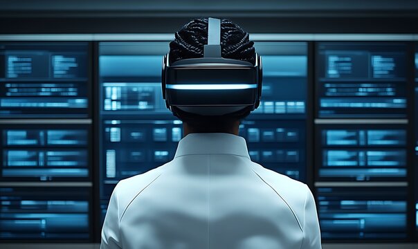Person Wearing Vr Headset in Server Room - Powered by Adobe