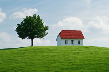 Fototapeta premium house in the wide open green grass field