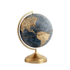 Elegant gold globe with detailed world map antique style geography on transparent background blue