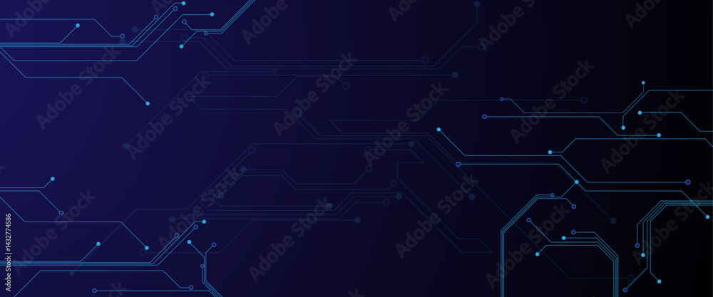 Poster Glowing light blue neon AI chip with thin circuit contact lines. Technology lines circuit and dots on blue background, circuit board network connection.
