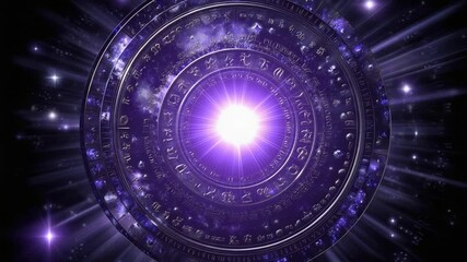 A captivating zodiac wheel displays intricate celestial symbols amidst vibrant colors, radiating a magical energy that captures the essence of the universe and the zodiac