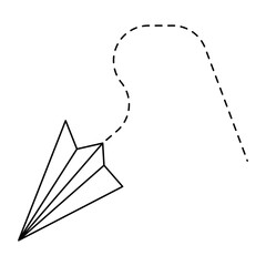 Paper airplane. Outline flying planes from different angles and direction with dotted track,  Set of vector illustration of hand drawn paper plane