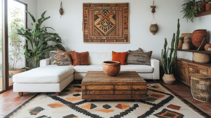 Stylish living room featuring a white sofa, plants, and ethnic decor elements. Great for showing interior design or a comfortable living space idea.