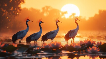 Naklejka premium Four Cranes Walking in Water, Lit by Sunset over a Marshy Landscape
