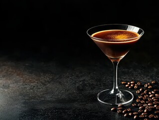 A stylish cocktail in a glass, accompanied by coffee beans on a dark surface.