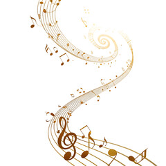 Gold Music Notes Swirl Design: Abstract Musical Background on transparent background