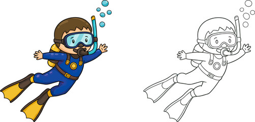 Underwater Adventurer's: An illustration of a young explorer gracefully descends into the deep blue sea. Dressed in a wetsuit and equipped with a mask, snorkel, and fins.