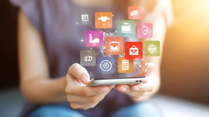 Woman Using Smartphone with Colorful App Icons Mobile Technology Digital Lifestyle Online