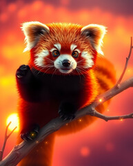 Obraz premium Charming red panda bathed in radiant sunset glow.