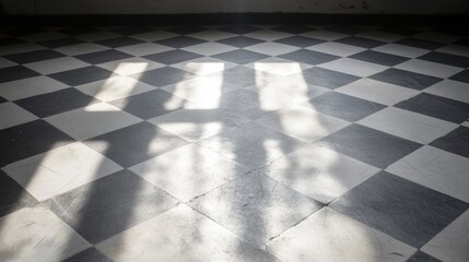 Fototapeta premium A checkered floor with a sunlit pattern.