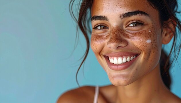 Mujer morena con sonrisa perfecta alegre frente a un fondo s&oacute;lido