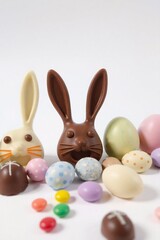 A festive arrangement of four brown chocolate bunnies with pink ears and a mix of pastel and speckled Easter eggs is set against a white background