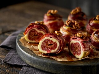 Delicious bacon-wrapped figs topped with walnuts on a rustic wooden platter at a dinner gathering