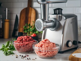 Grinding meat at home with a modern meat grinder in a well-equipped kitchen